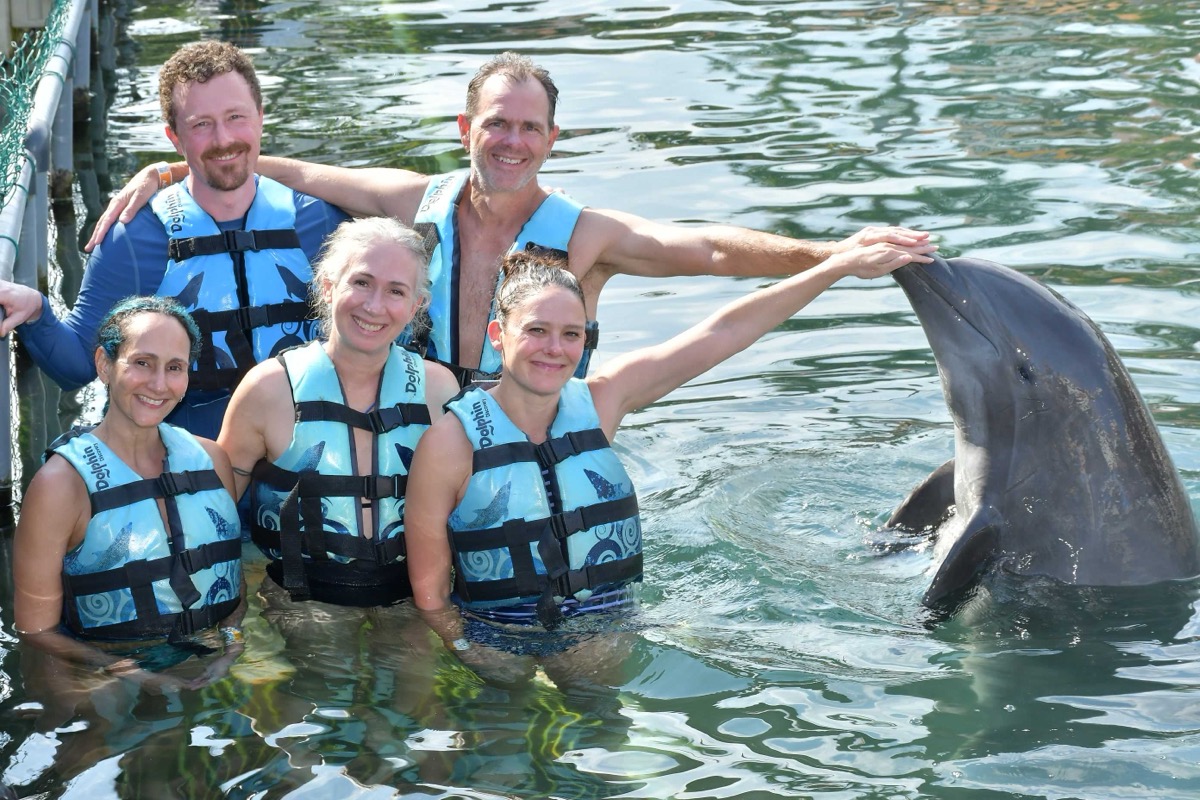 Qualia team members swimming with dolphins during team outing